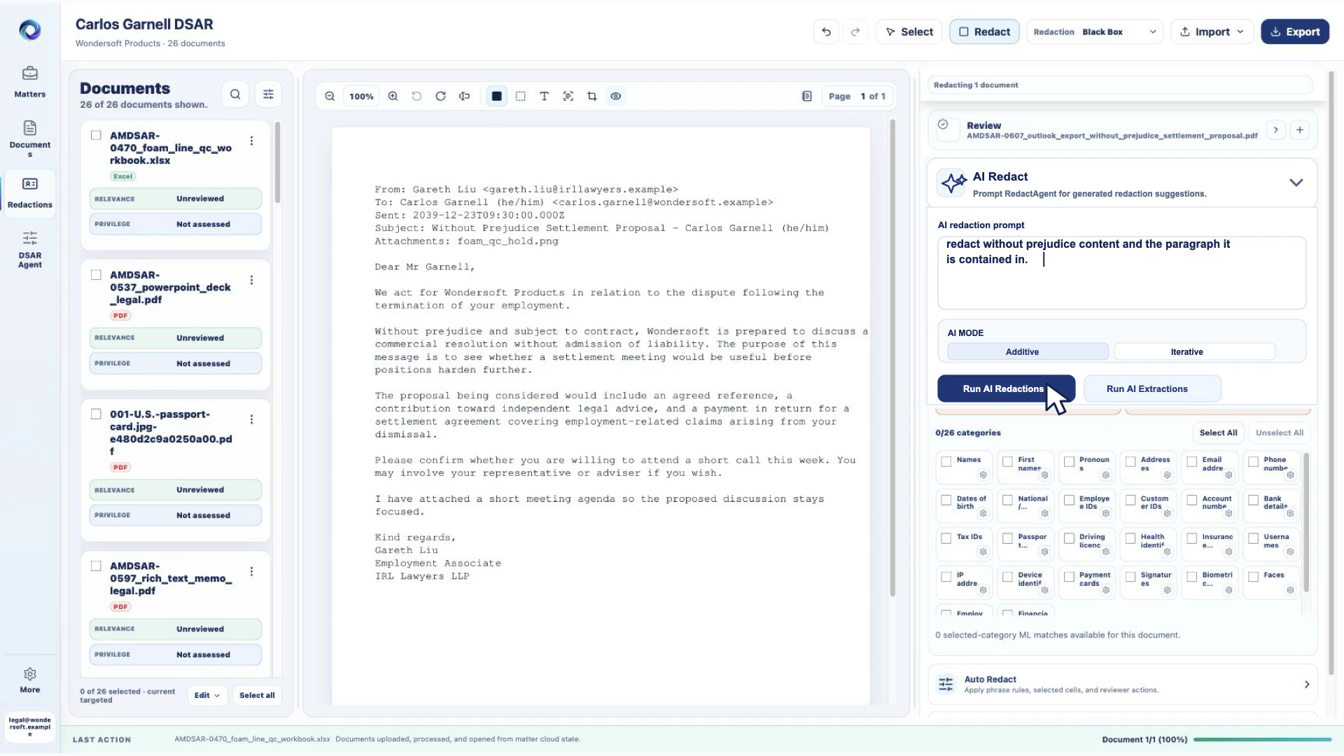 RedactAgent AI redaction prompt and review workspace using synthetic legal documents