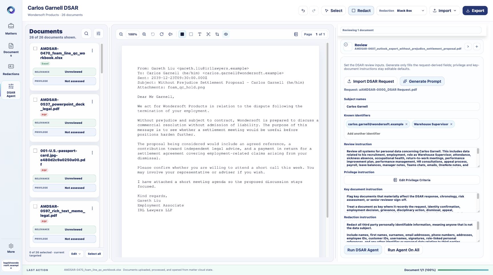 RedactAgent review controls for legal redaction quality assurance